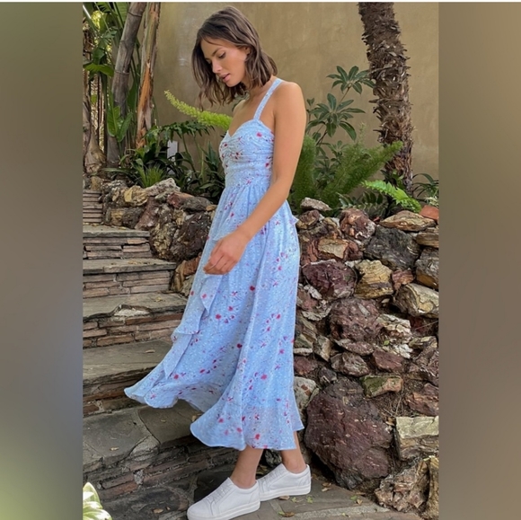 Lulus Afternoon Romance Dusty Blue Floral Print Ruffled Midi Dress Sz XL - Picture 4 of 15